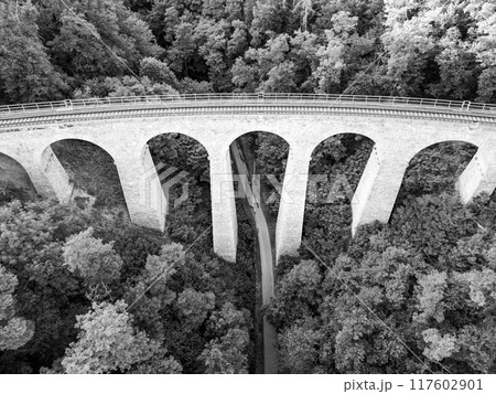 The historic Zampach stone railway bridge arches gracefully over a lush forest, showcasing its impressive stonework and connecting the rail tracks to the verdant landscape below. 117602901