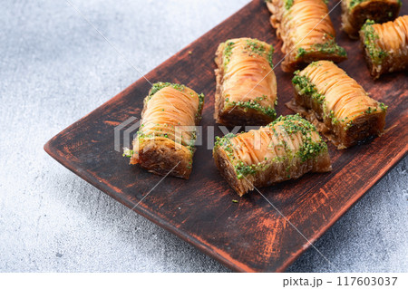 Traditional Turkish dessert baklava with walnut 117603037