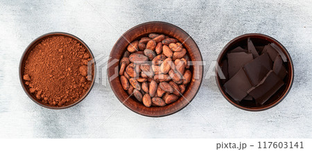 Cocoa beans grain in bowl . Ingredient for preparating chocolate 117603141