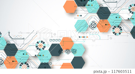 Abstract circuit board background with hexagons. Hi-tech digital technology concept. Hand drawn vector. Abstract circuit board background with hexagons. Hi-tech digital technology concept. Hand drawn vector. 117603511