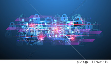 Secure digital background. Virtual confidential, programming protection. Hand drawn vector. 117603519