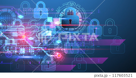 Secure digital background. Virtual confidential, programming protection. Hand drawn vector. 117603521