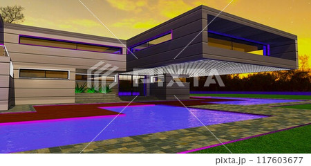 A wonderful combination of blue pool lighting and a bright yellow sunset sky. Luxury countryside property built with a modern high-tech design. 3D rendering. A wonderful combination of blue pool lighting and a bright yellow sunset sky. Luxury countryside property built with a modern high-tech design. 3D rendering. 117603677