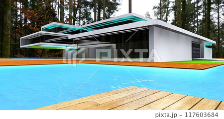 Design concept for a luxurious villa with a spacious pool in a dense autumn forest. Glass facade and white walls. Reflection of trees in the windows. 3D rendering. Design concept for a luxurious villa with a spacious pool in a dense autumn forest. Glass facade and white walls. Reflection of trees in the windows. 3D rendering. 117603684