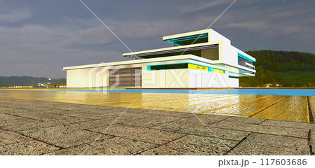 Evening view of an unusual country house. Stone tiles beneath your feet and a wooden deck by the pool. Iron garage gates. 3D rendering. 117603686