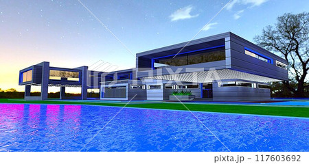 View from the surface of an artificial lake in front of an expensive designer estate at night. Cool color palette. 3D rendering. View from the surface of an artificial lake in front of an expensive designer estate at night. Cool color palette. 3D rendering. 117603692