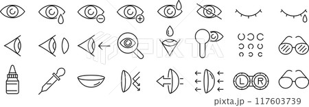 ベクターでモノクロの眼科に関する線画アイコンセット ベクターでモノクロの眼科に関する線画アイコンセット 117603739