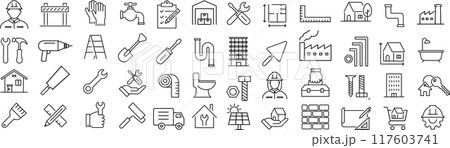 ベクターでモノクロの工事に関する線画アイコンセット 117603741