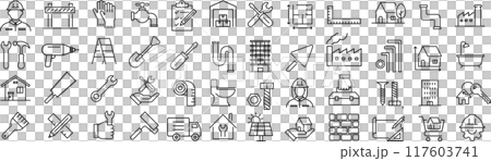 Vector monochrome line icon set about construction 117603741