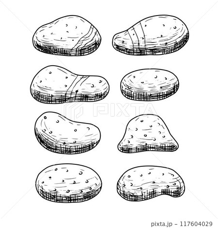Hand drawn sea stones, pebbles. Vector illustration isolated on white background. 117604029