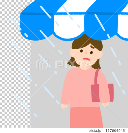 Illustration of a woman taking shelter from a sudden rain 117604046