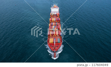 Aerial view container cargo ship sea freight shipping, Global business industry import export logistic transportation international by container cargo ship, Container ship commercial freight shipping. 117604049