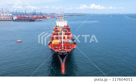 Aerial view container cargo ship sea freight shipping, Global business industry import export logistic transportation international by container cargo ship, Container ship commercial freight shipping. 117604051