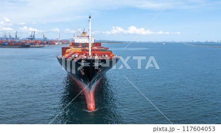 Aerial view container cargo ship sea freight shipping, Global business industry import export logistic transportation international by container cargo ship, Container ship commercial freight shipping. 117604053