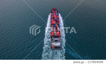 Aerial view container cargo ship sea freight shipping, Global business industry import export logistic transportation international by container cargo ship, Container cargo ship commercial freight. Aerial view container cargo ship sea freight shipping, Global business industry import export logistic transportation international by container cargo ship, Container cargo ship commercial freight. 117604094