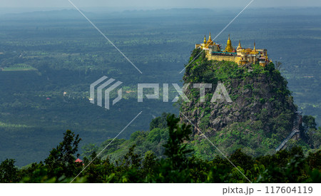 Mount Popa, Taung Kalat buddhist monastery on mountain Mount Popa, Temple on top mountain Mount Popa, Bagan, Myanmar. 117604119
