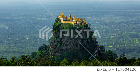 Mount Popa, Taung Kalat buddhist monastery on mountain Mount Popa, Temple on top mountain Mount Popa, Bagan, Myanmar. Mount Popa, Taung Kalat buddhist monastery on mountain Mount Popa, Temple on top mountain Mount Popa, Bagan, Myanmar. 117604120