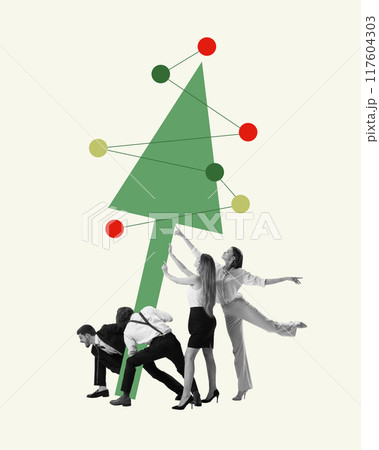 Team, colleagues carrying arrow in shape of Christmas tree, symbolizing collective spirit, cooperation and collaboration. Teamwork. Contemporary art collage. 117604303
