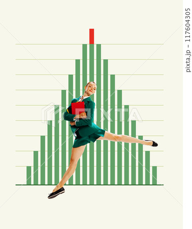 Woman with documents in front of bar chart resembling Christmas tree. Business success and holiday achievement. Contemporary art collage. Woman with documents in front of bar chart resembling Christmas tree. Business success and holiday achievement. Contemporary art collage. 117604305