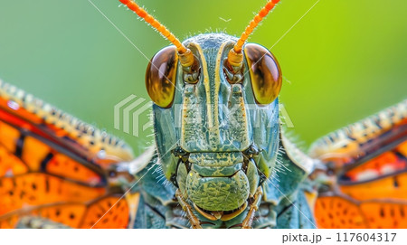 A detailed image of a grasshoppers face, pictured against a green backdrop 117604317