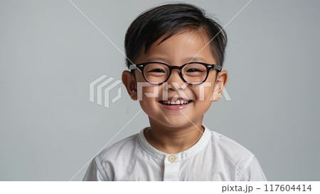 Portrait of a happy Asian kid preschooler with glasses on a solid gray background. Back to school, correction of pupil kid eyesight. AI generated 117604414