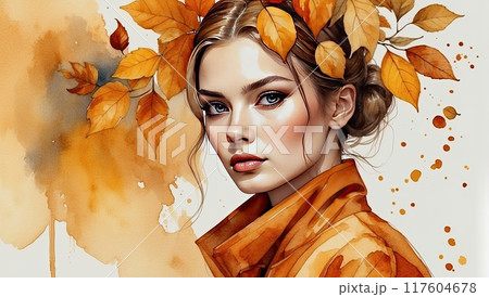 The watercolor silhouette of Caucasian woman with autumn yellowed fallen leaves in her hair is autumn portrait. Freedom, femininity, autumn mood, harvest, makeup, stylist, Barber, bride. AI generated 117604678