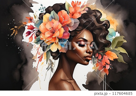 The watercolor silhouette of dark-skinned woman with bright summer tropical flowers in her hair is summer portrait. Freedom, femininity, wedding, makeup, stylist, Barber, bride. AI generated 117604685