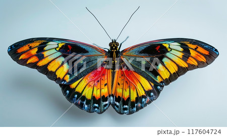 A colorful butterfly rests on a white surface in a tranquil scene of nature 117604724