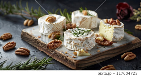A cutting board topped with a selection of cheese and nuts for a tasty snack 117604725