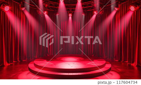 Theatre or stand up comedy stage with spotlights, podium and red curtain. 117604734
