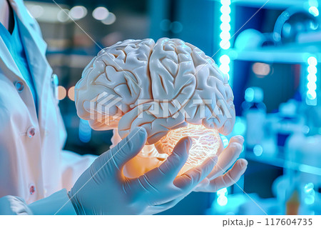 Alzheimer disease, Asian doctor holding brain anatomy model for study diagnosis and treatment in hospital. 117604735