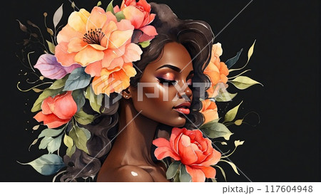 The watercolor silhouette of dark-skinned woman with bright summer tropical flowers in her hair is summer portrait. Freedom, femininity, wedding, makeup, stylist, Barber, bride. AI generated 117604948