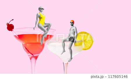 Poster. Contemporary art collage. Swimmers, man and woman, sitting on edge of sweet and sour cocktails against pink background. Poster. Contemporary art collage. Swimmers, man and woman, sitting on edge of sweet and sour cocktails against pink background. 117605146