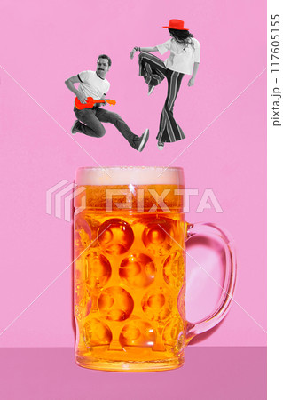 Poster. Contemporary art collage. Couple, musician and dancer dancing atop of mug of golden beer against pink background. Poster. Contemporary art collage. Couple, musician and dancer dancing atop of mug of golden beer against pink background. 117605155