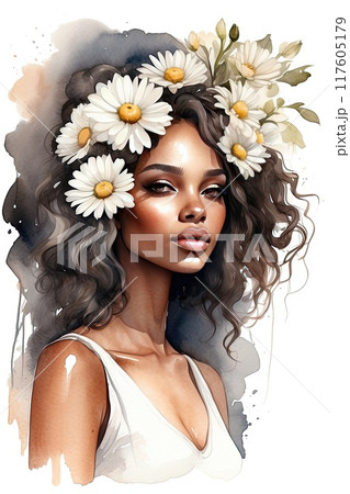 The watercolor silhouette of dark-skinned woman with summer daisies flowers in her hair is summer portrait. Freedom, femininity, wedding, makeup, stylist, Barber, bride. AI generated 117605179