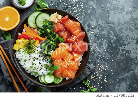 Traditional poke bowl with tuna and salmon. Top view. Copy space. Ai generative 117605212