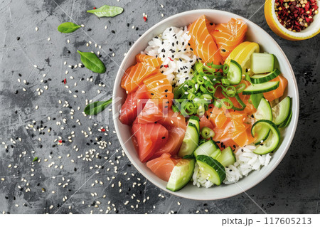 Traditional poke bowl with tuna and salmon. Top view. Copy space. Ai generative 117605213