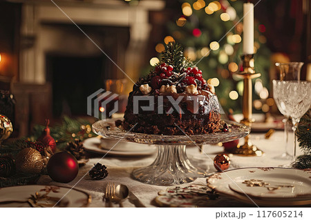Traditional British Christmas pudding with christmas decoration and blurred light background. Copy space. Ai generative 117605214