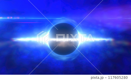 Abstract glowing object resembling a black hole surrounded by bright light in a deep blue space 117605280