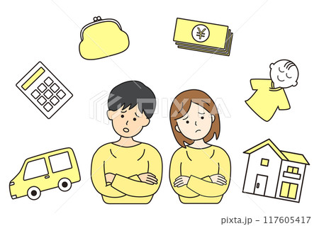 ライフプランで悩む男女の夫婦の線画イラスト 117605417