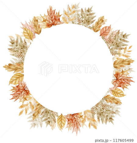 Autumn Leaves Wreath. Watercolor illustration of template with fall orange plants for harvest festival greeting cards or wedding invitations. Drawing of circular frame for postcards. 117605499