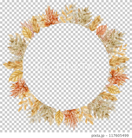 Autumn Leaves Wreath. Watercolor illustration of template with fall orange plants for harvest festival greeting cards or wedding invitations. Drawing of circular frame for postcards. 117605499
