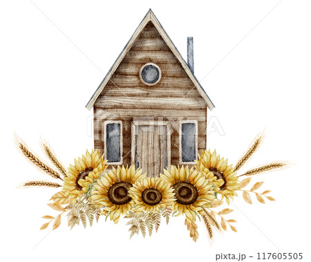 House with Sunflowers watercolor illustration. Drawing of wooden Rustic Cabin with Chimney with autumn flowers on isolated background. Old Cottage made of logs. Countryside building for design. House with Sunflowers watercolor illustration. Drawing of wooden Rustic Cabin with Chimney with autumn flowers on isolated background. Old Cottage made of logs. Countryside building for design. 117605505