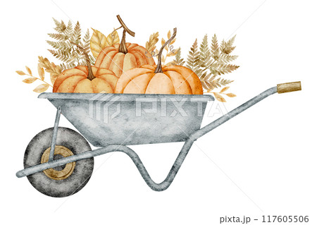 Watercolor Illustration of a Vintage Wheelbarrow with Pumpkins and autumn plants. Gardening Tool for Farm on isolated background. Drawing of Wheel Barrow. Rustic retro Cart. Old equipment for clipart. 117605506