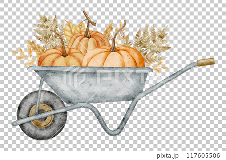 Watercolor Illustration of a Vintage Wheelbarrow with Pumpkins and autumn plants. Gardening Tool for Farm on isolated background. Drawing of Wheel Barrow. Rustic retro Cart. Old equipment for clipart. 117605506