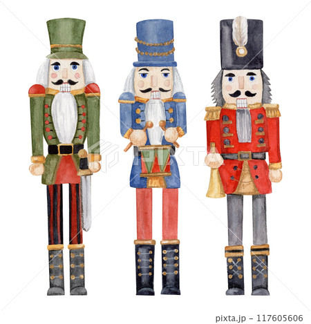 Set watercolor hand-drawn illustration of three different nutcrackers, with a sword, with a trumpet and with a drum. Make any compositions yourself. Can be used on fabrics and paper products and other Set watercolor hand-drawn illustration of three different nutcrackers, with a sword, with a trumpet and with a drum. Make any compositions yourself. Can be used on fabrics and paper products and other 117605606