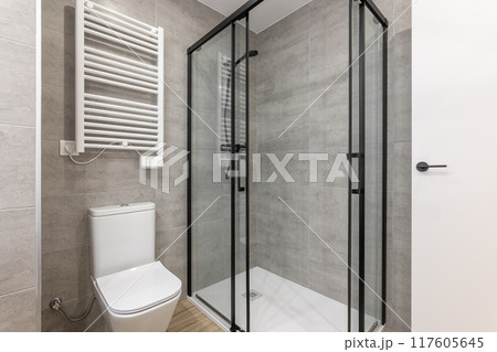 Modern bathroom with glass shower and slim toilet complements the stylish design of the apartment 117605645