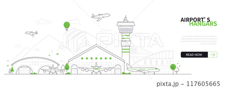 Airport hangars - modern thin line design style vector banner Airport hangars - modern thin line design style vector banner 117605665