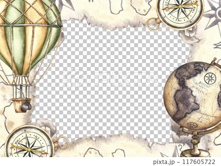 Vintage balloon travel frame. A balloon with a basket and an ancient map of treasure island, a globe and a compass. A hand-drawn watercolor illustration. For banner, flyer,poster and postcards. Vintage balloon travel frame. A balloon with a basket and an ancient map of treasure island, a globe and a compass. A hand-drawn watercolor illustration. For banner, flyer,poster and postcards. 117605722
