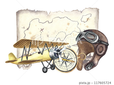 A vintage retro airplane, an old pilot's helmet, a compass and an antique map. The illustration is made by hand in watercolor. The composition is made in the retro flight style. A vintage retro airplane, an old pilot's helmet, a compass and an antique map. The illustration is made by hand in watercolor. The composition is made in the retro flight style. 117605724